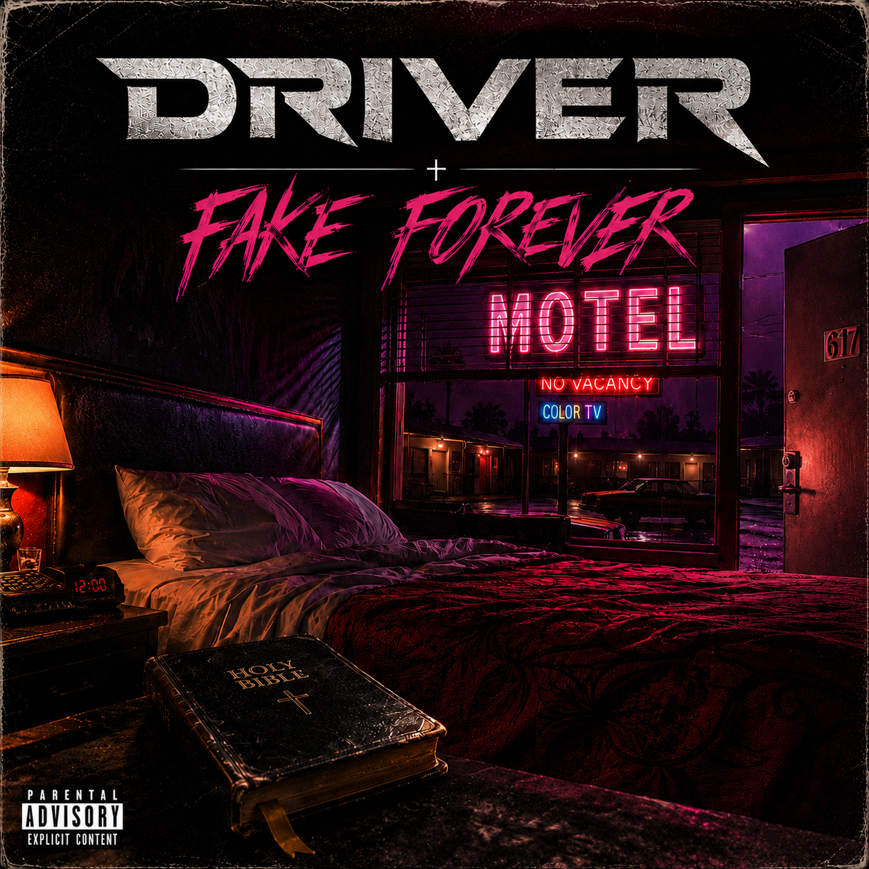 Fake Forever single cover art: a neon-lit motel room at night with a glowing pink Fake Forever Motel sign, evoking the song's themes of young love and illusion